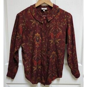 Toffs Burgandy Paisley Peter Pan Collar Button Long Slv Top Womens 8 Vtg Preppy